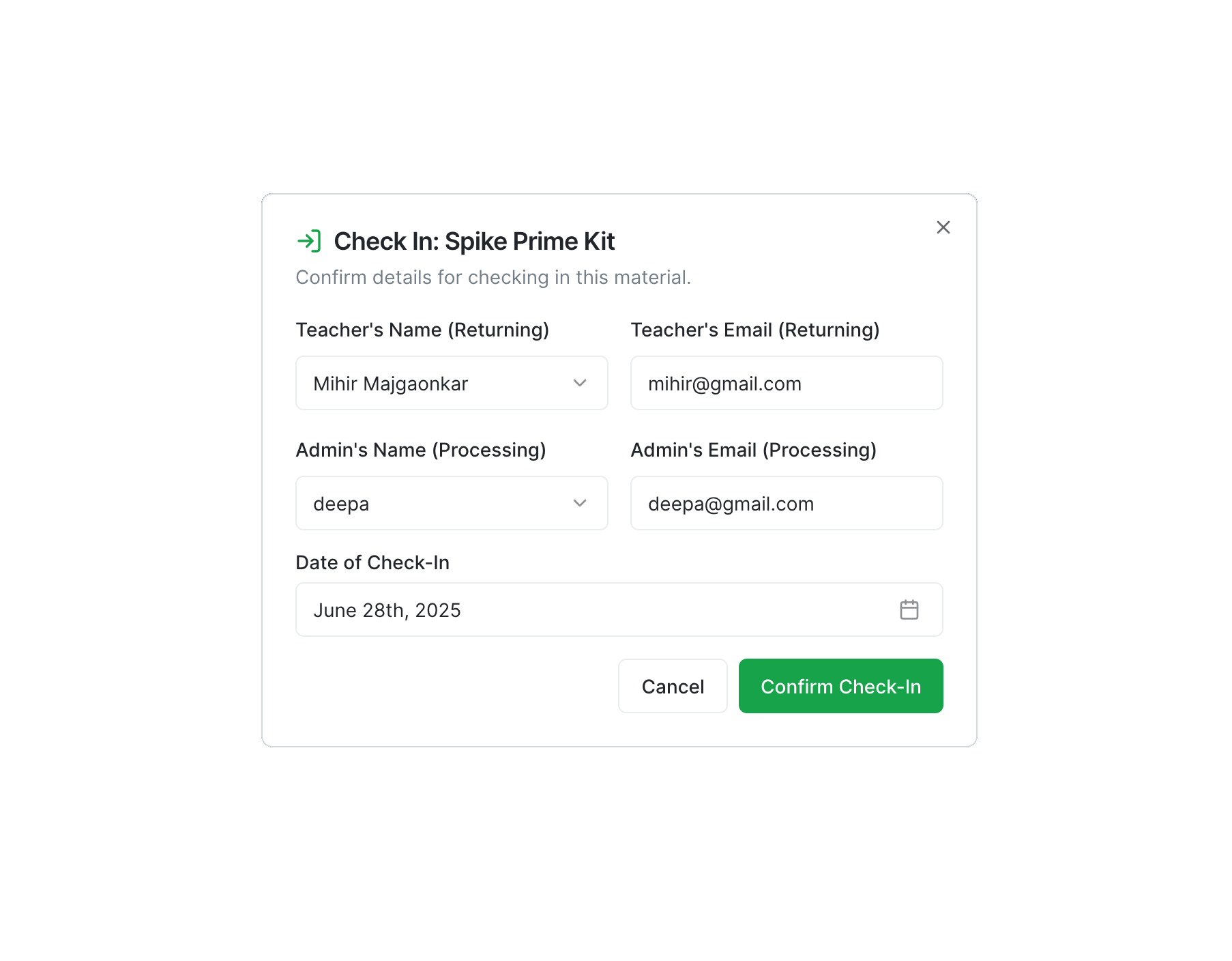 A preview of the material check-in interface